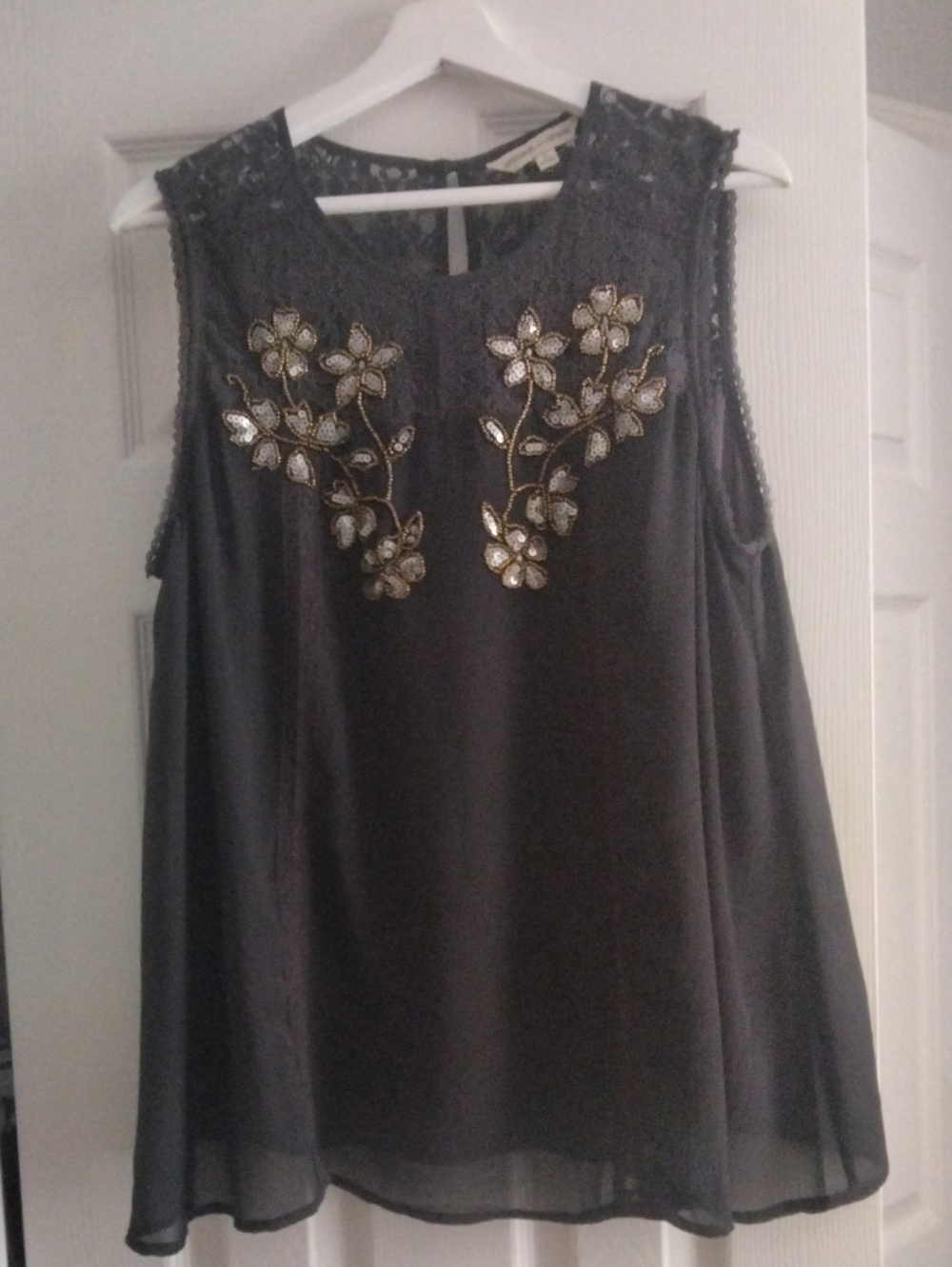 Embellished Sleeveless Chiffon Top in Charcoal Gray